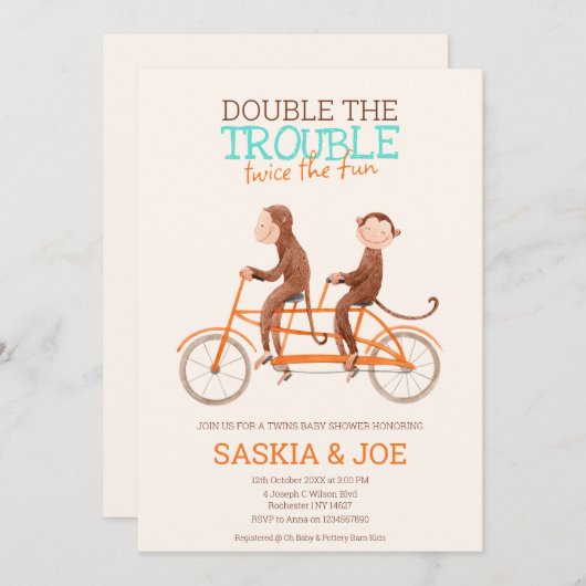 Twins Baby shower Schattige Monkey Double Trouble Kaart (Voorkant / Achterkant)
