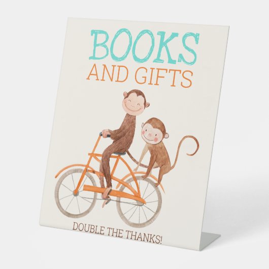 Twins Baby shower Schattige Monkey Double Trouble Reclamebord Met Voetstuk (Voorkant)