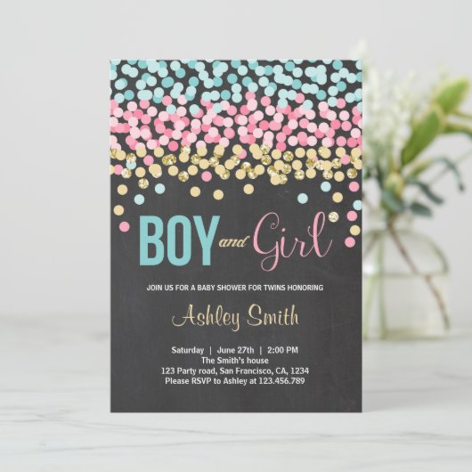 Twins Baby shower Uitnodiging roze blauw Jongen Me (Staand voorkant)