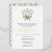 Twins Baptême Invitations Sage Green Crest