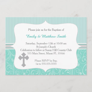Twins Baptism Invitation Cross Turquoise