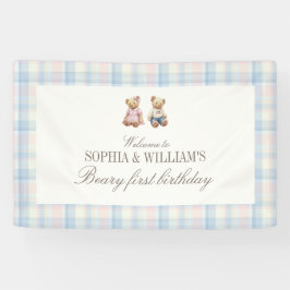 Twins Beary First Teddy Bear Birthday Banner