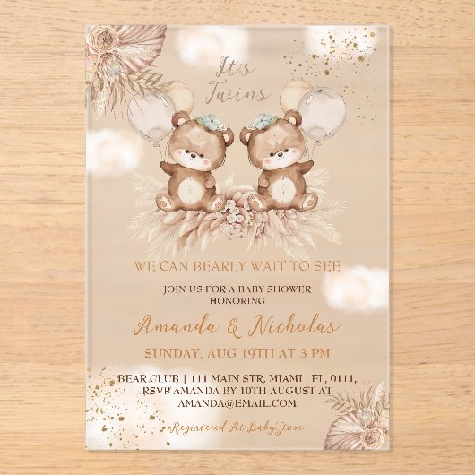 Twins Beer Boho Neutraal Baby shower Acryl Uitnodigingen (Voorkant)