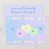 Twins Birth Announcement Hearts Aankondiging (Voorkant / Achterkant)