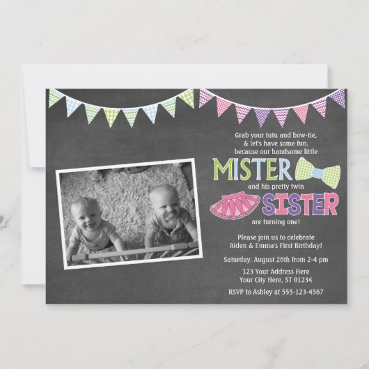 Twins Birthday Invitation - Tutus and Stropdassen Kaart (Voorkant)