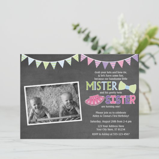 Twins Birthday Invitation - Tutus and Stropdassen  Kaart (Staand voorkant)
