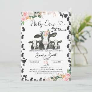 Twins Black White Koe Calves Floral Baby shower Kaart