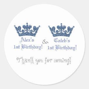 Twins Blue Crowns Jongens Royal Prince Party Stick Ronde Sticker