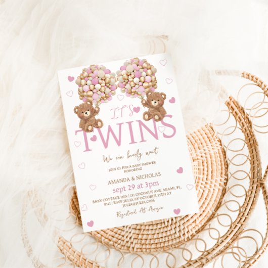 Twins Blush Roze Beer Meisjes Ballonnen Baby showe Kaart