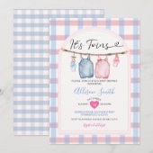 Twins Bow Clothes Autumn Gingham Baby shower Kaart (Voorkant / Achterkant)