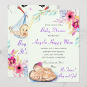 Twins Boy and Girl Stork Baby shower Invitation (Devant / Derrière)