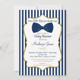 Twins Boy Baby shower Invitation Blue Gold Bow Str Kaart