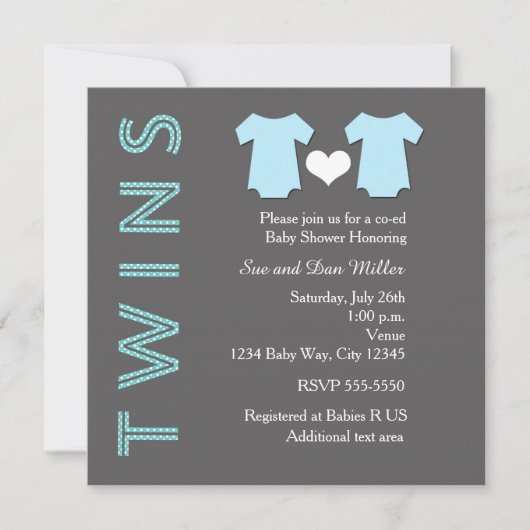 TWINS Boy Blue Twin Baby shower Party Invitation (Devant)