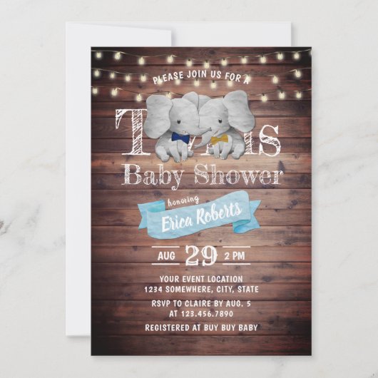 Twins Boy Elephant Rustic Barn Baby shower Kaart (Voorkant)