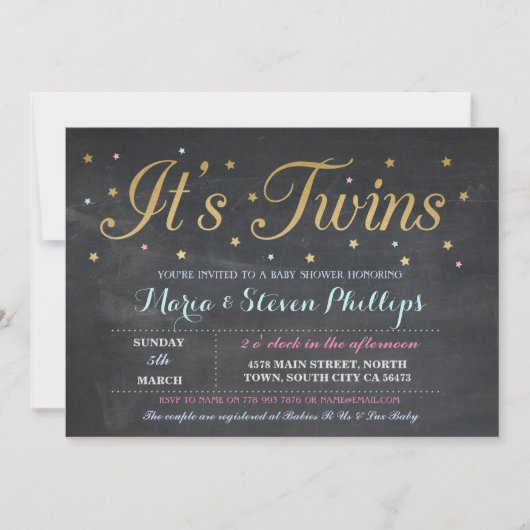Twins Boy Girl Chalk Gold Baby shower Invitation (Devant)