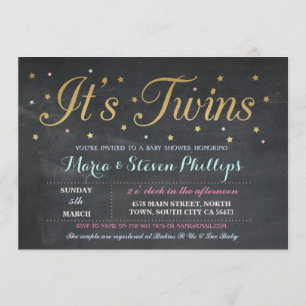 Twins Boy Girl Chalk Gold Baby shower Invitation Kaart