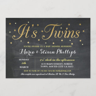 Twins Boy Girl Chalk Gold Baby shower Invitation Kaart