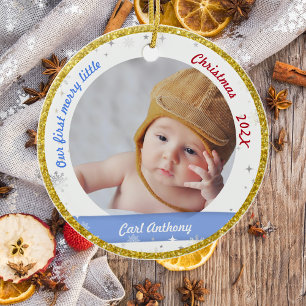 Twins Boy Girl Foto's First Merry Little Kerstmis Keramisch Ornament
