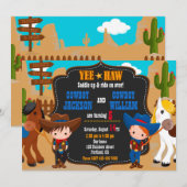 Twins boys Cowboys invitation anniversaire Wild We (Devant / Derrière)