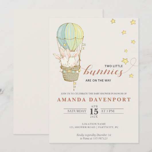 TWINS Bunny Ballons baby shower Invitation (Devant / Derrière)