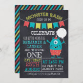 Twins Chalkboard Monster 1e verjaardag Uitnodiging (Voorkant / Achterkant)