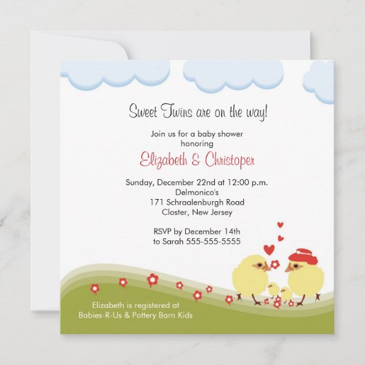 Twins Couple Baby shower Invitation Baby Chicks (Devant)