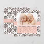 Twins Damask Baby Faire-part rose et Brown (Devant / Derrière)
