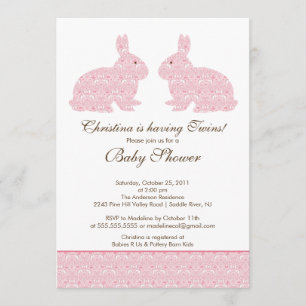 Twins Damask Bunny Baby shower Invitation Girl Kaart