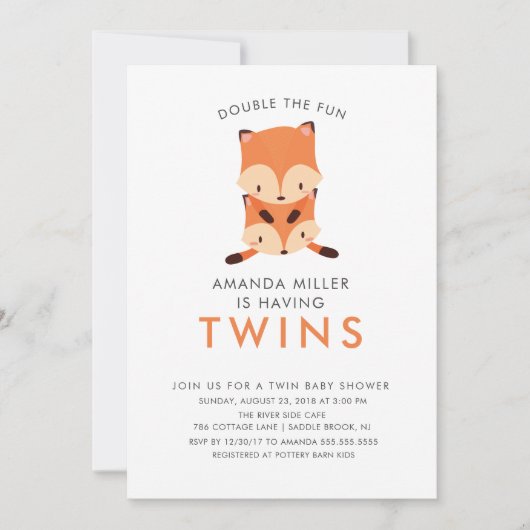 Twins Double le Fun Fox Baby Shower Invitations (Devant)