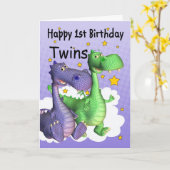 Twins Eerste Verjaardag Kaart - Schattigee Draken (Gele Bloem)