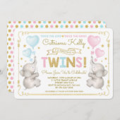 TWINS Elephant Baby shower bleu rose or Invitation (Devant / Derrière)