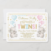 TWINS Elephant Baby shower bleu rose or Invitation (Devant)