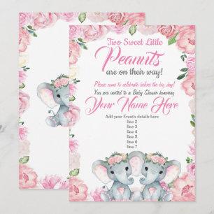 Twins Elephant Baby shower Invitation roos roze Kaart