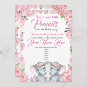 Twins Elephant Baby shower Invitation roses rose