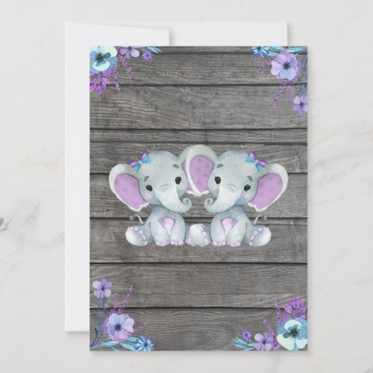 Twins Elephant Baby shower Invitation rustique, tu (Dos)