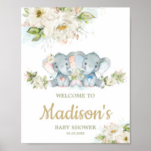 Twins Elephant Boy Girl Baby shower Affiche de bie