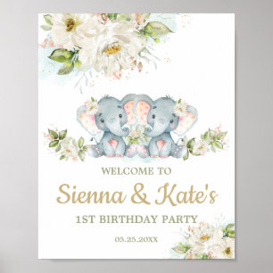 Twins Elephant Twin Girls 1e verjaardag Welkom Poster