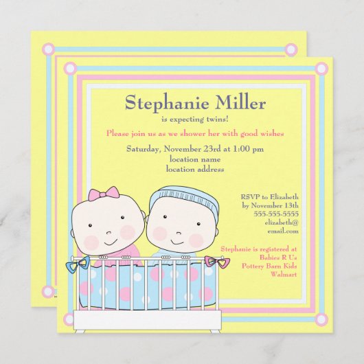 Twins en Crib, Girl and Boy Baby shower Invitation (Devant / Derrière)
