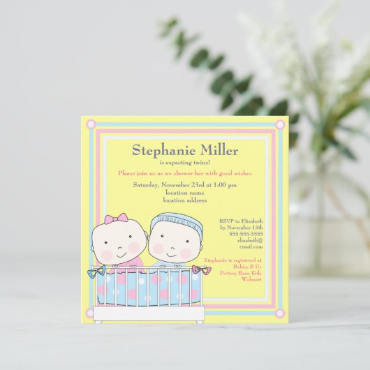 Twins en Crib, Girl and Boy Baby shower Invitation (Debout devant)