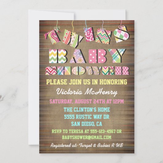 Twins Fabric Shabby Chic Baby Shower Invitations (Devant)