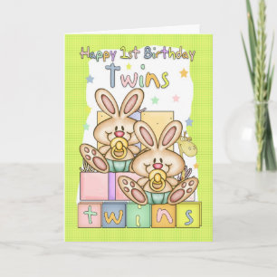 Twins First Birthday Card - Twee kleine konijnen Kaart