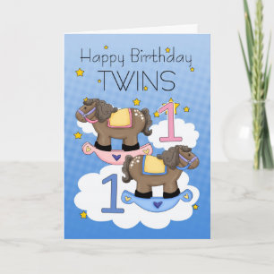 Twins First Birthday Card - twee kleine pony's Kaart