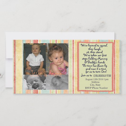 Twins First Birthday Invitation Fotocard (Voorkant)