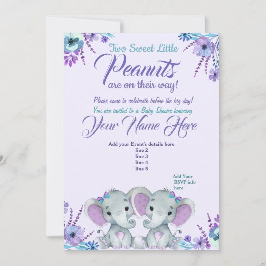 Twins Girl Elephants Baby shower Invitation Floral (Devant)