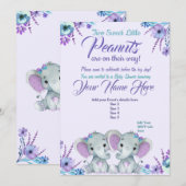 Twins Girl Elephants Baby shower Invitation Floral (Devant / Derrière)