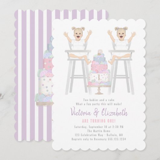 Twins Girls Birthday Smash Cake Invitation (Devant / Derrière)