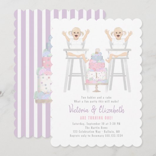 Twins Girls Birthday Smash Cake Invitation (Devant / Derrière)