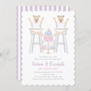Twins Girls Birthday Smash Cake Invitation Kaart