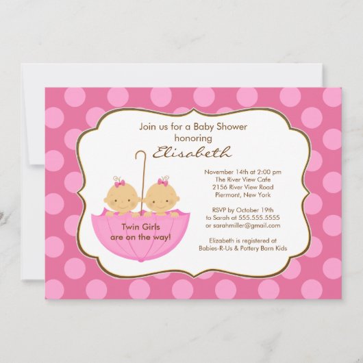 Twins Girls Umbrella Baby shower Invitation rose (Devant)