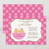 Twins Girls Umbrella Baby shower Invitation rose (Devant / Derrière)